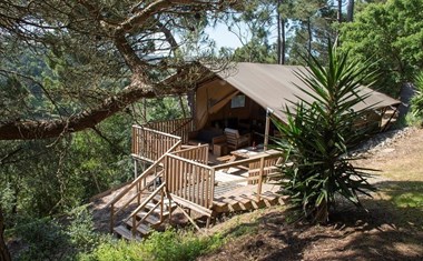 Safaritenten in een groene vallei met zentuin Safaritenten in een groene vallei met zentuin
